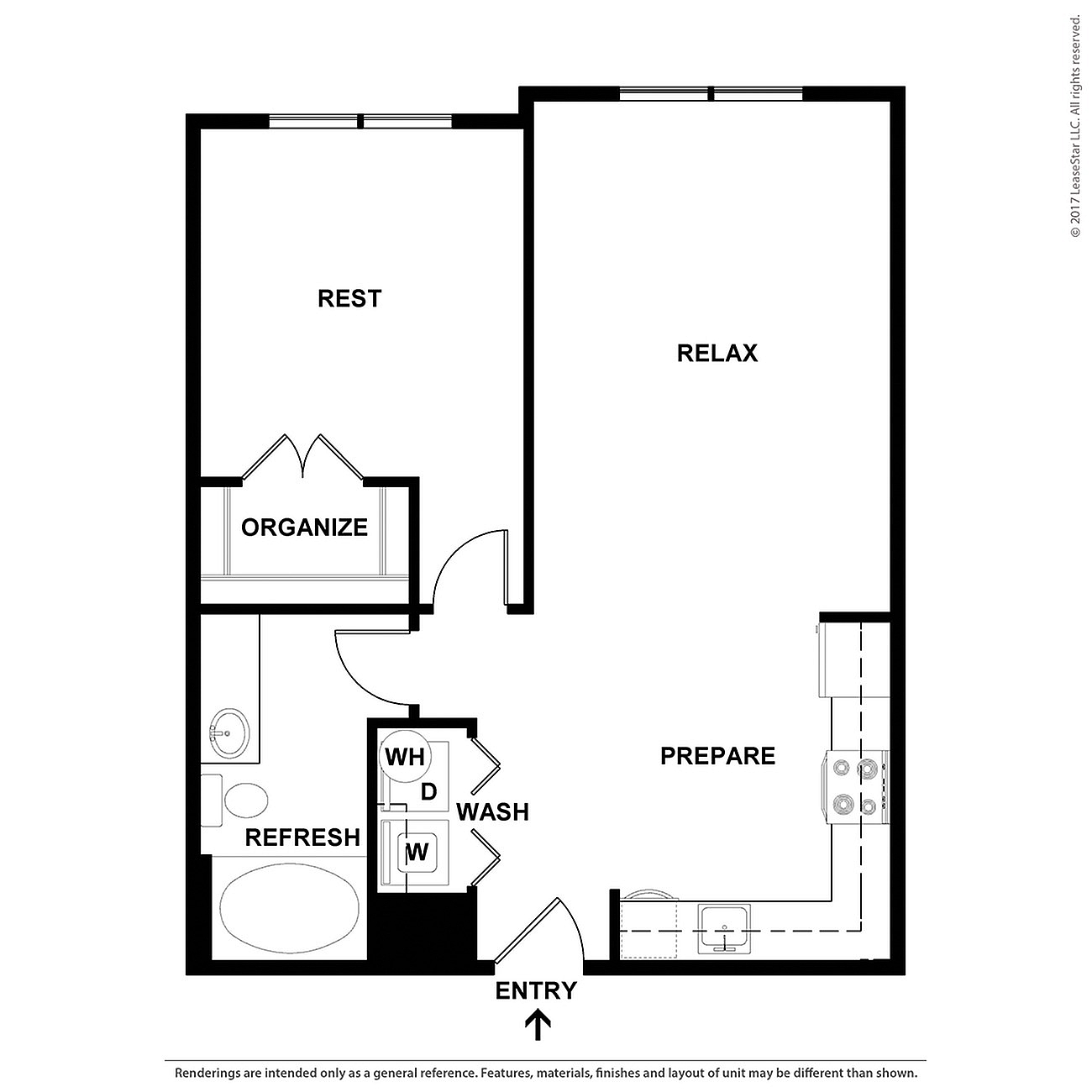 Modern floor plan showcasing a spacious layout with a relaxing living area, dedicated rest and organize zones, a prepare area for cooking, and a convenient wash section. Ideal for comfort and functionality.