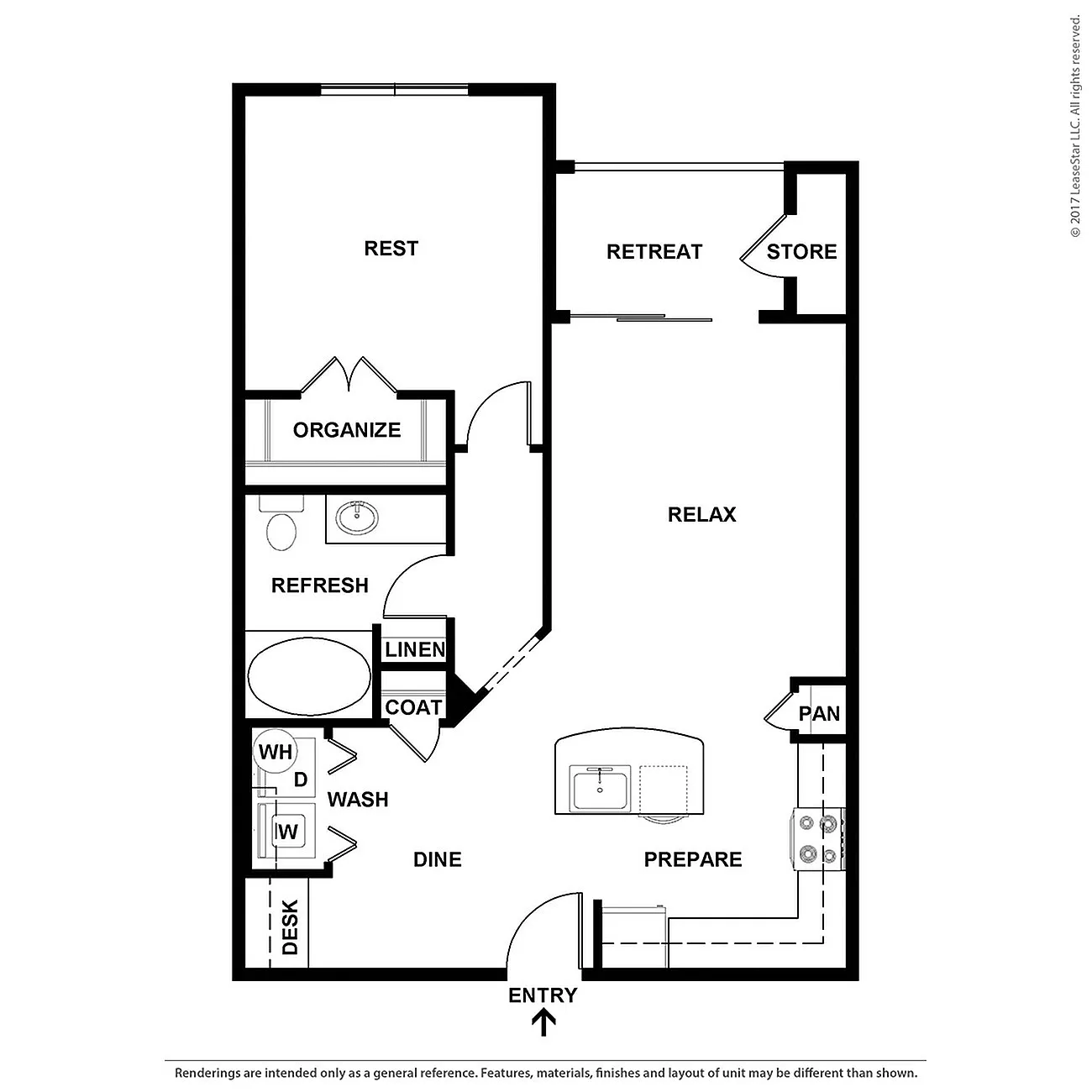 Modern floor plan featuring a spacious single bedroom, flexible relaxation area, and a sleek kitchen with island, ideal for comfortable living.