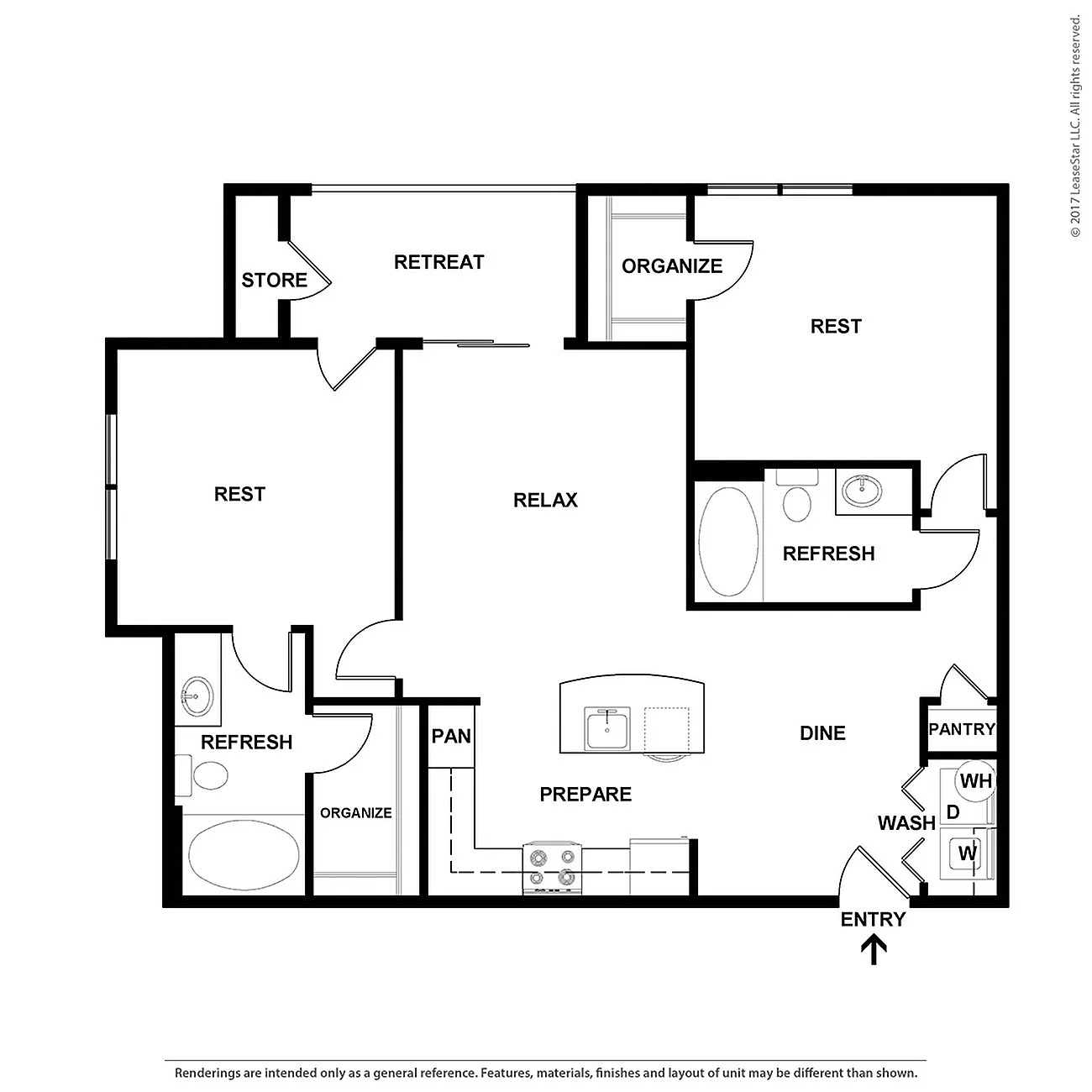 Spacious floor plan showcasing a harmonious blend of rest and relaxation areas, with two restful bedrooms, a central relaxing lounge, well-organized storage spaces, refined dining area, and modern kitchen with pantry.
