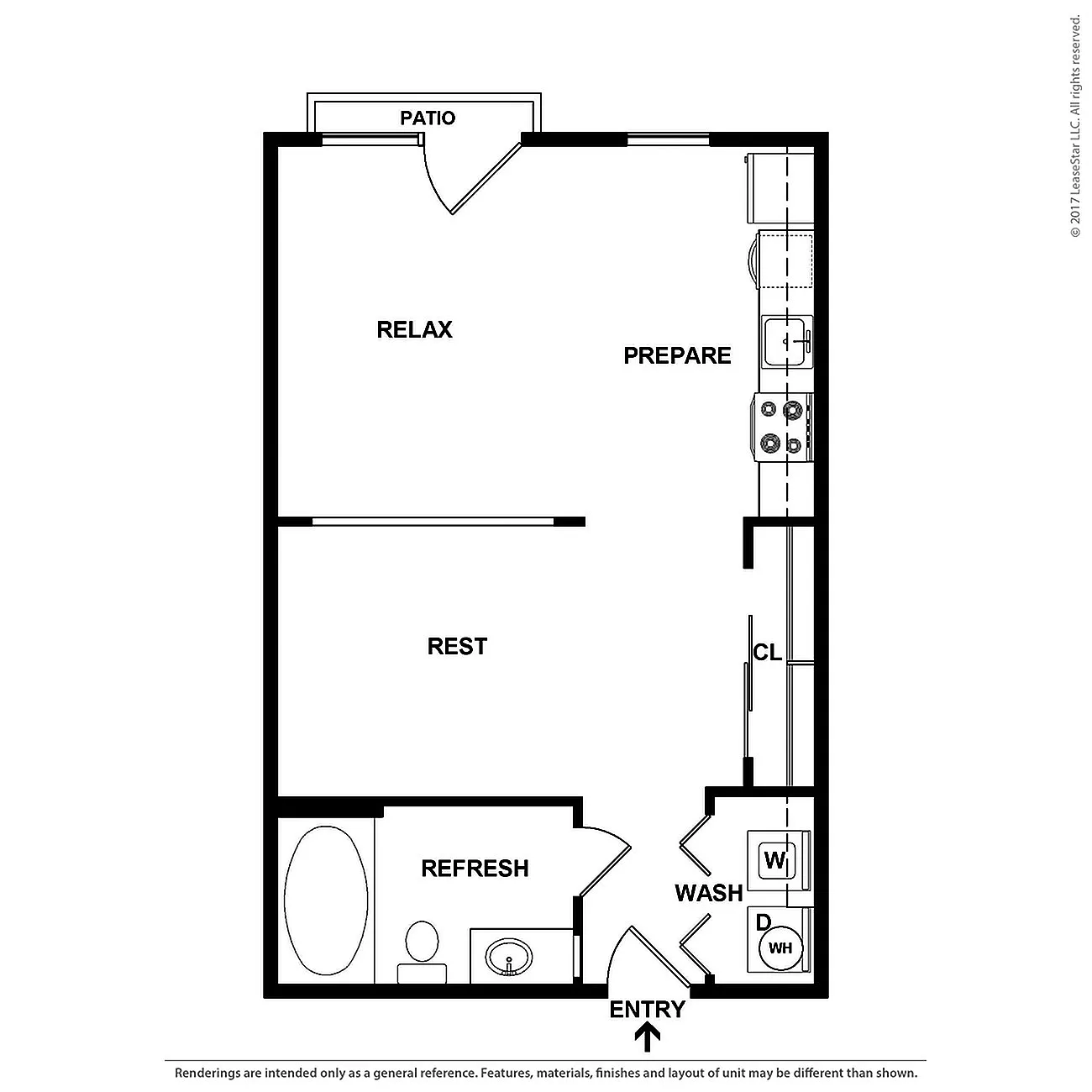 Modern floor plan showcasing a stylish open-concept living space with patio access, a sleek kitchen, and a luxurious bathroom.