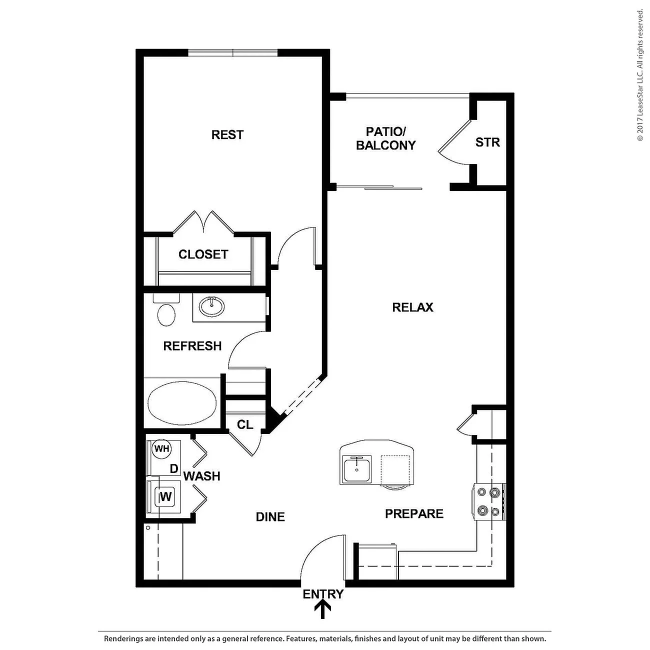 Elegant floor plan featuring one bedroom, a spacious bathroom, open living and dining areas, modern kitchen, and private patio or balcony.