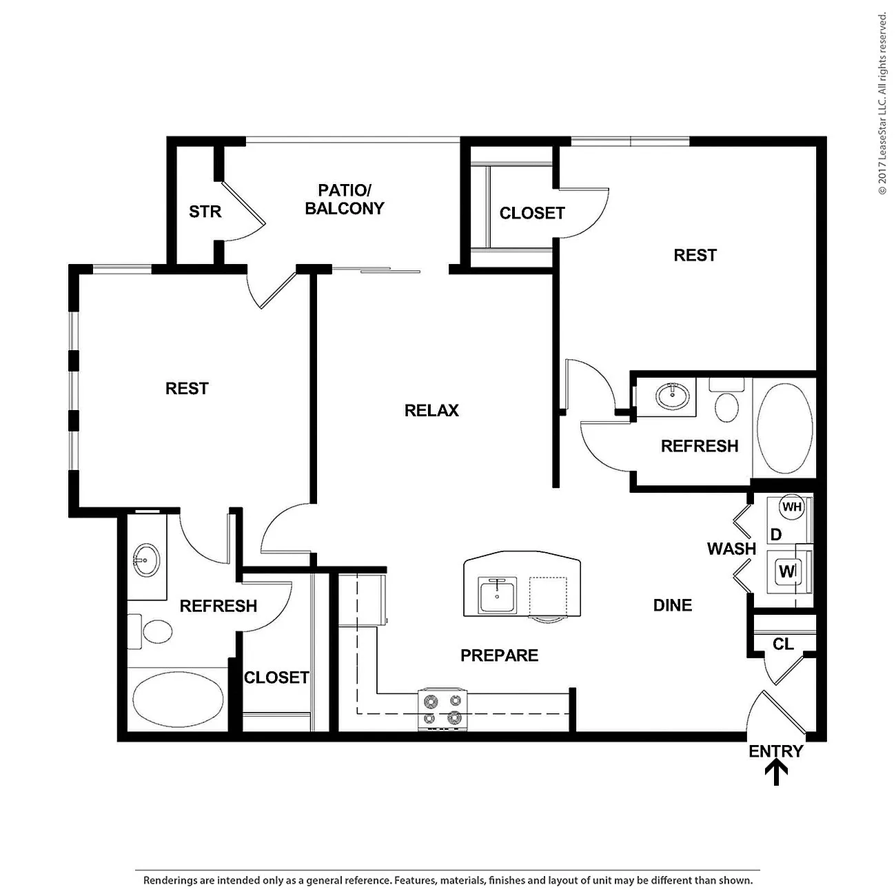 Modern floor plan showcasing a spacious layout with two bedrooms, two bathrooms, an open living and dining area, and a balcony for outdoor relaxation.