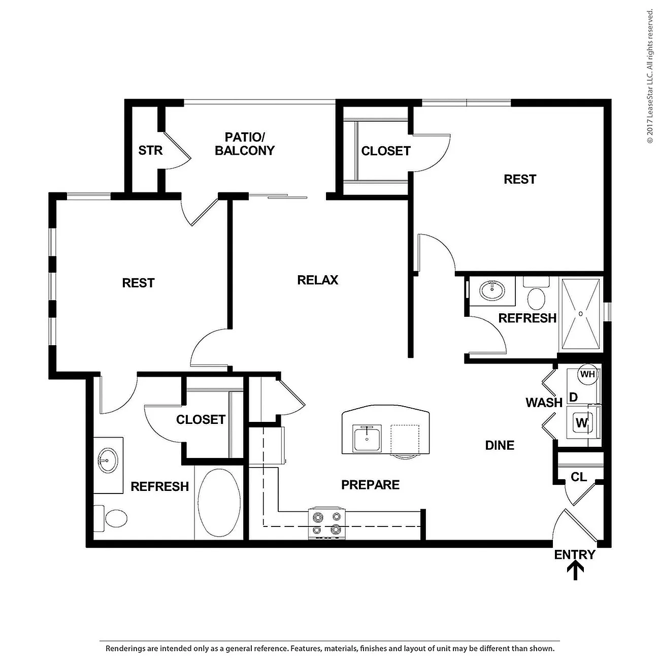 Modern apartment floor plan featuring two bedrooms, an open living and dining area, two bathrooms, and a spacious balcony for relaxation.