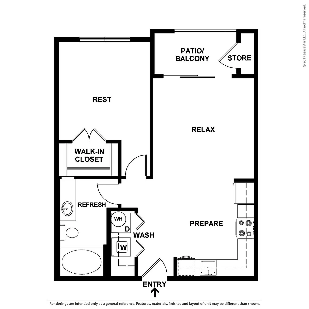 Modern apartment floor plan featuring a spacious bedroom, open-concept living and kitchen area, patio, walk-in closet, and a refreshing bathroom.