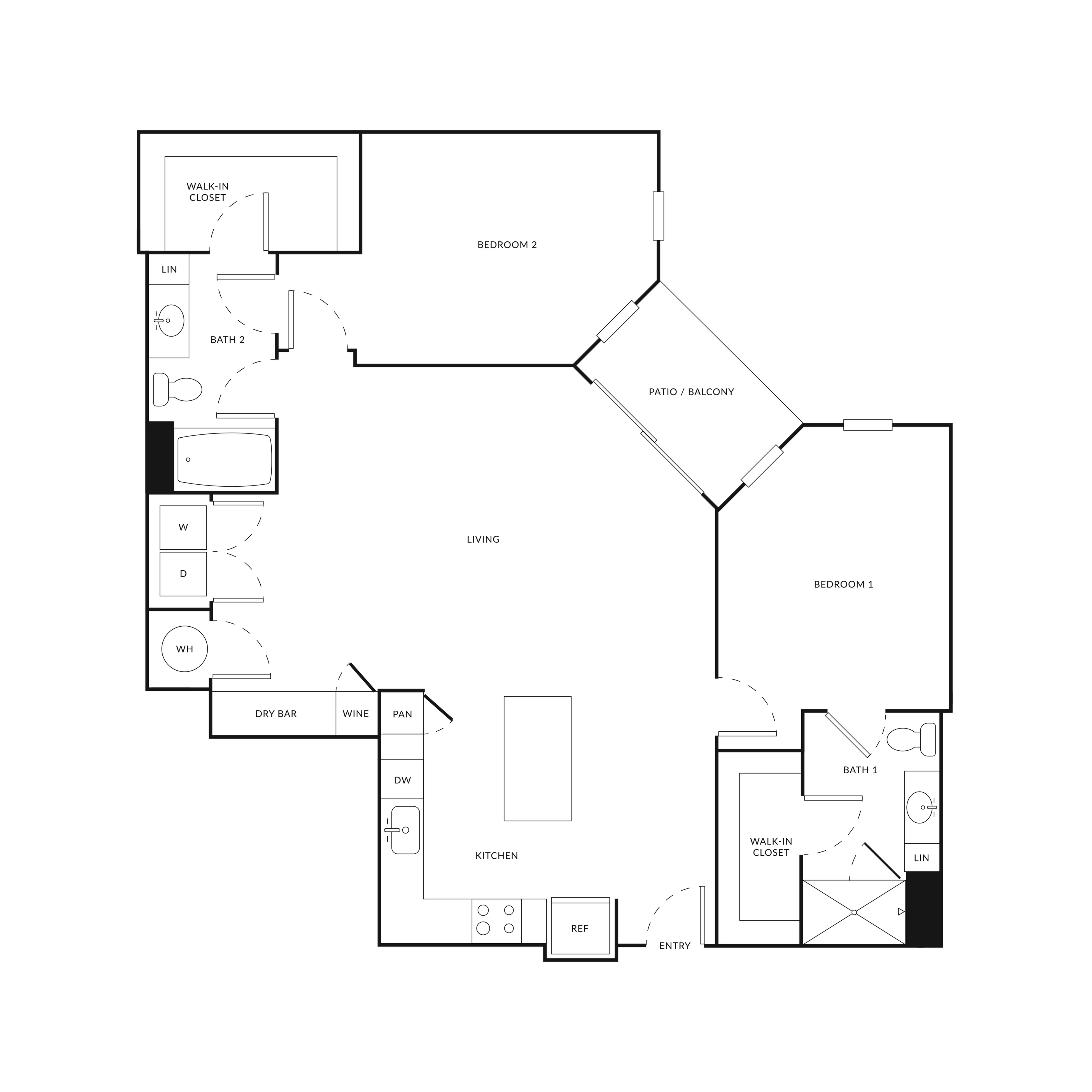 Elegant floor plan featuring 2 bedrooms with walk-in closets, expansive living area, modern kitchen with dry bar and island, 2 baths, and a cozy patio/balcony.