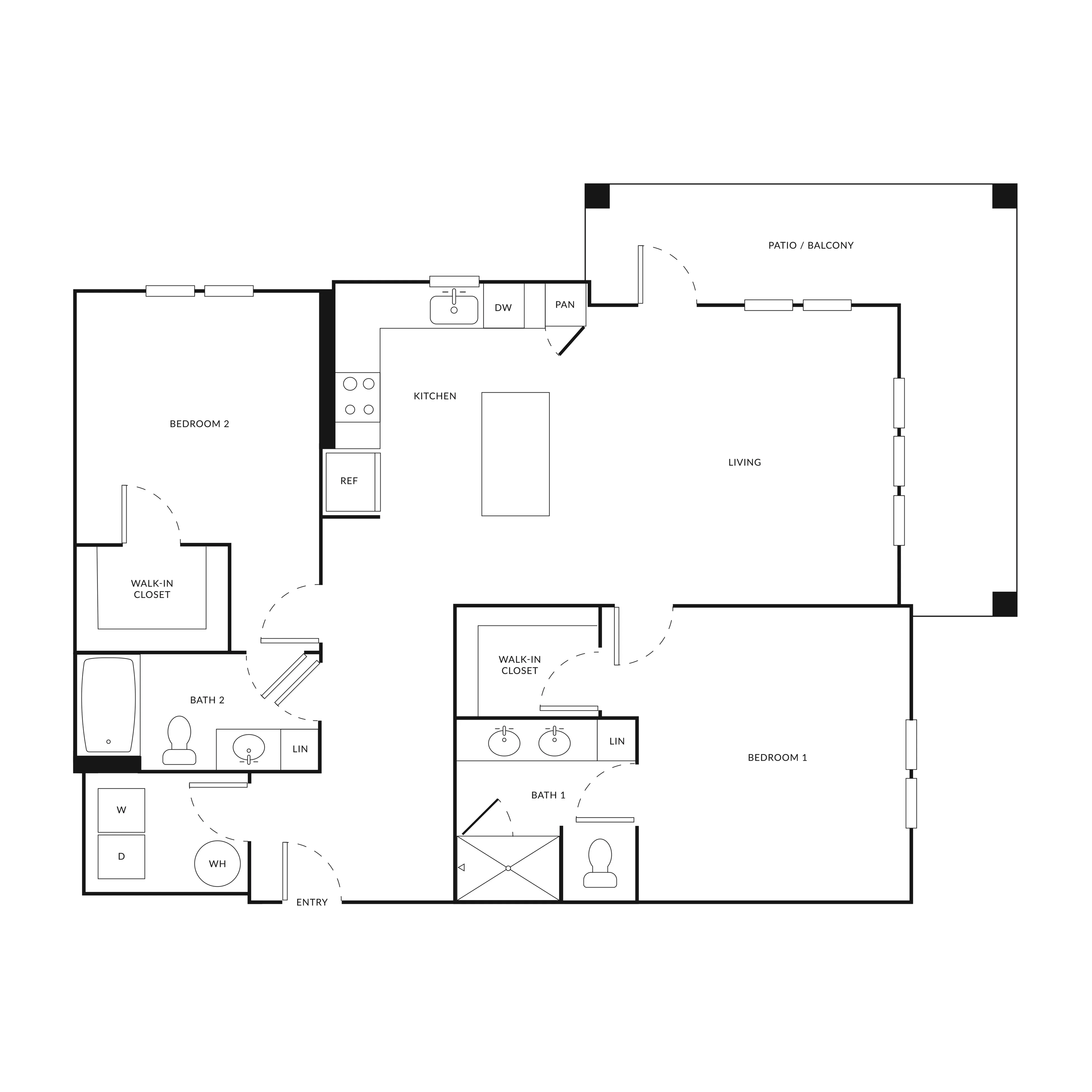 Modern floor plan featuring 2 spacious bedrooms, a large living area, open kitchen, and a patio balcony. Includes dual walk-in closets and 2 bathrooms for convenience.