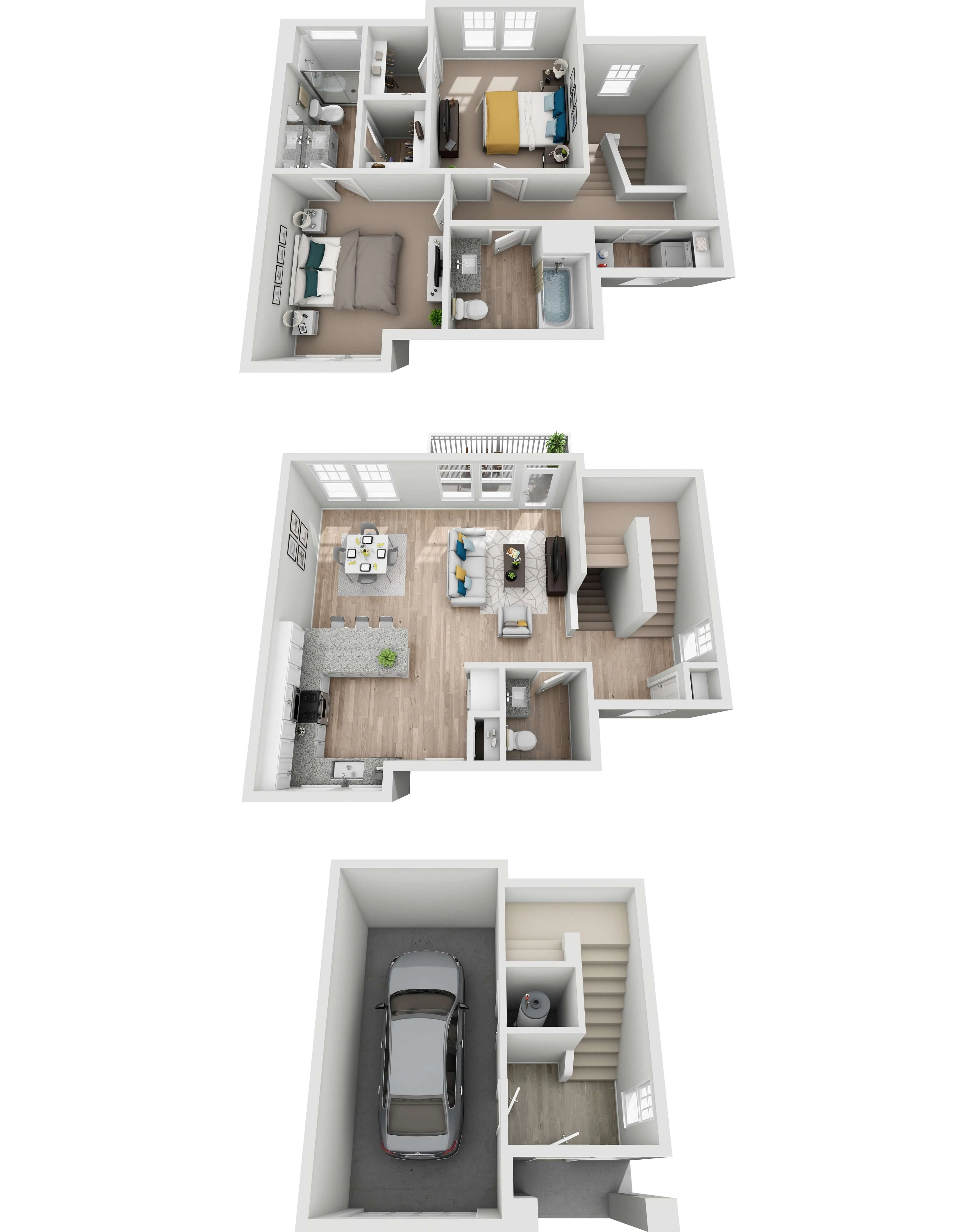 Modern 3D floor plan showcasing a stylish multi-level layout with two cozy bedrooms, an open-concept living and dining area, a sleek kitchen, and an attached garage, perfect for family living.