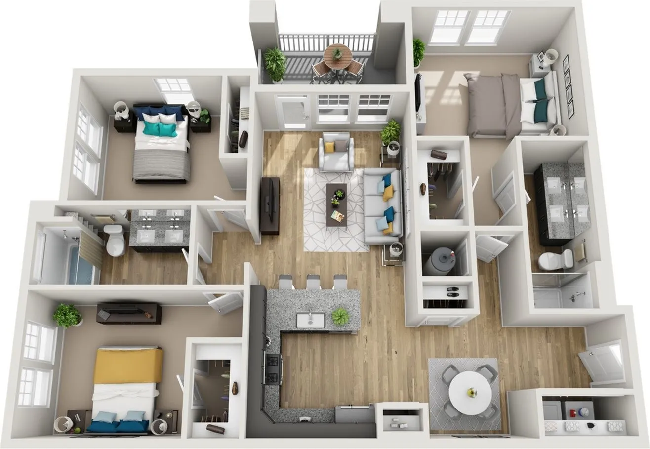 Modern 3D floor plan showcasing 3 bedrooms, 2 bathrooms, stylish open kitchen with bar seating, cozy living room, and a private balcony.