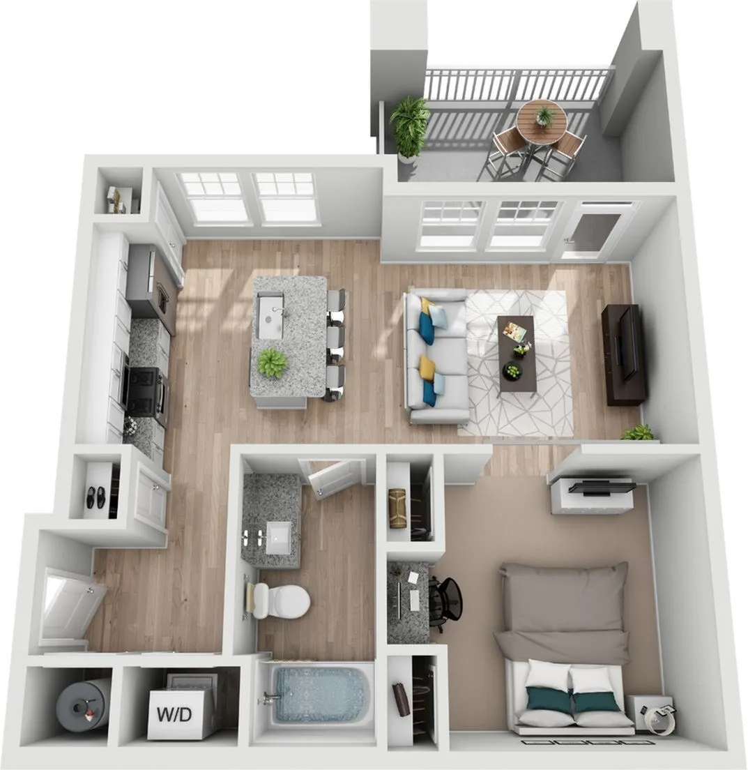 Modern 1-bedroom apartment floor plan with open-concept kitchen, cozy living room, and balcony for enjoying fresh air.