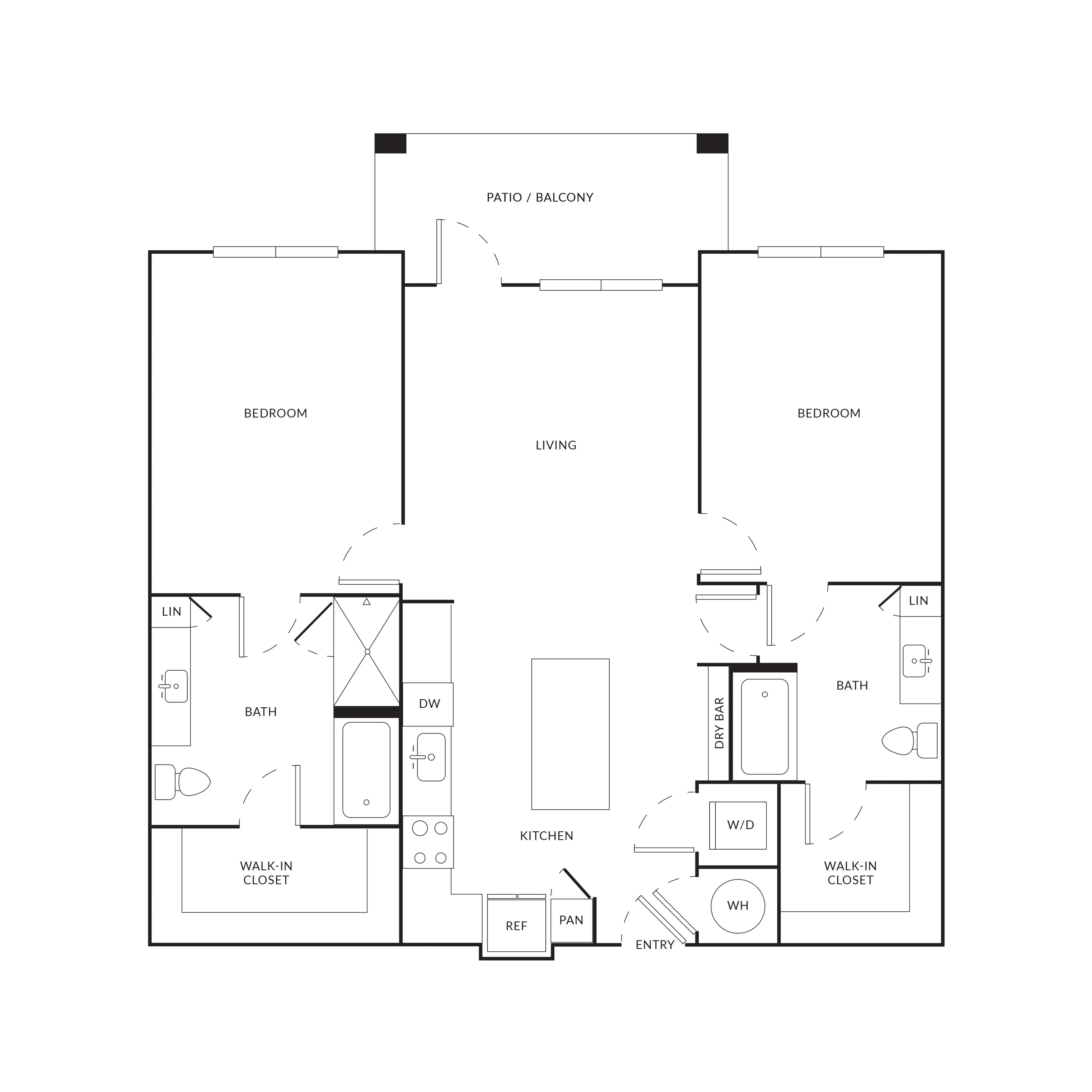 Modern 2D floor plan featuring 2 spacious bedrooms, 2 luxurious bathrooms, and an open-concept living and kitchen area with a patio balcony.