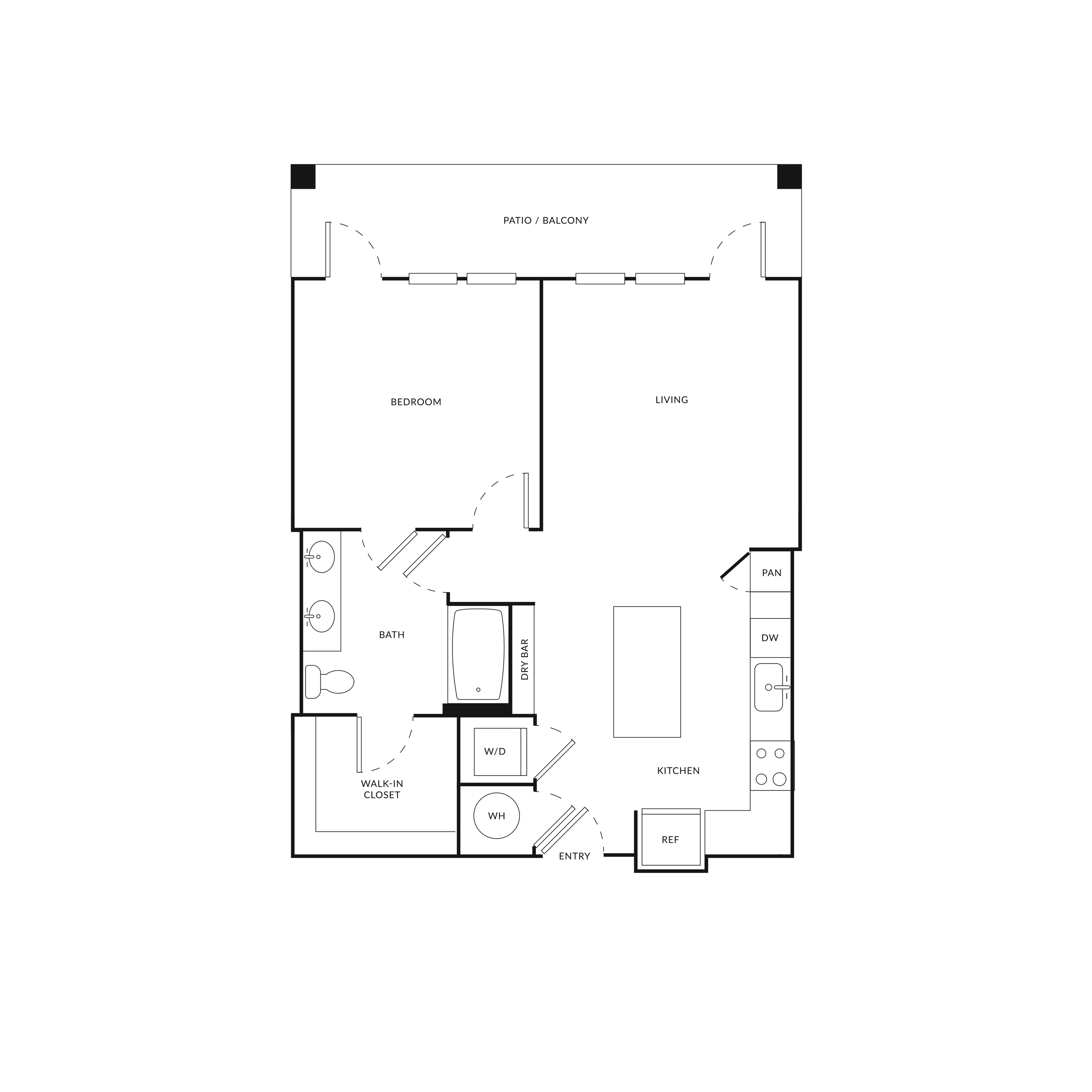 Modern 1-bedroom apartment floor plan with open living space, kitchen, patio, and walk-in closet.