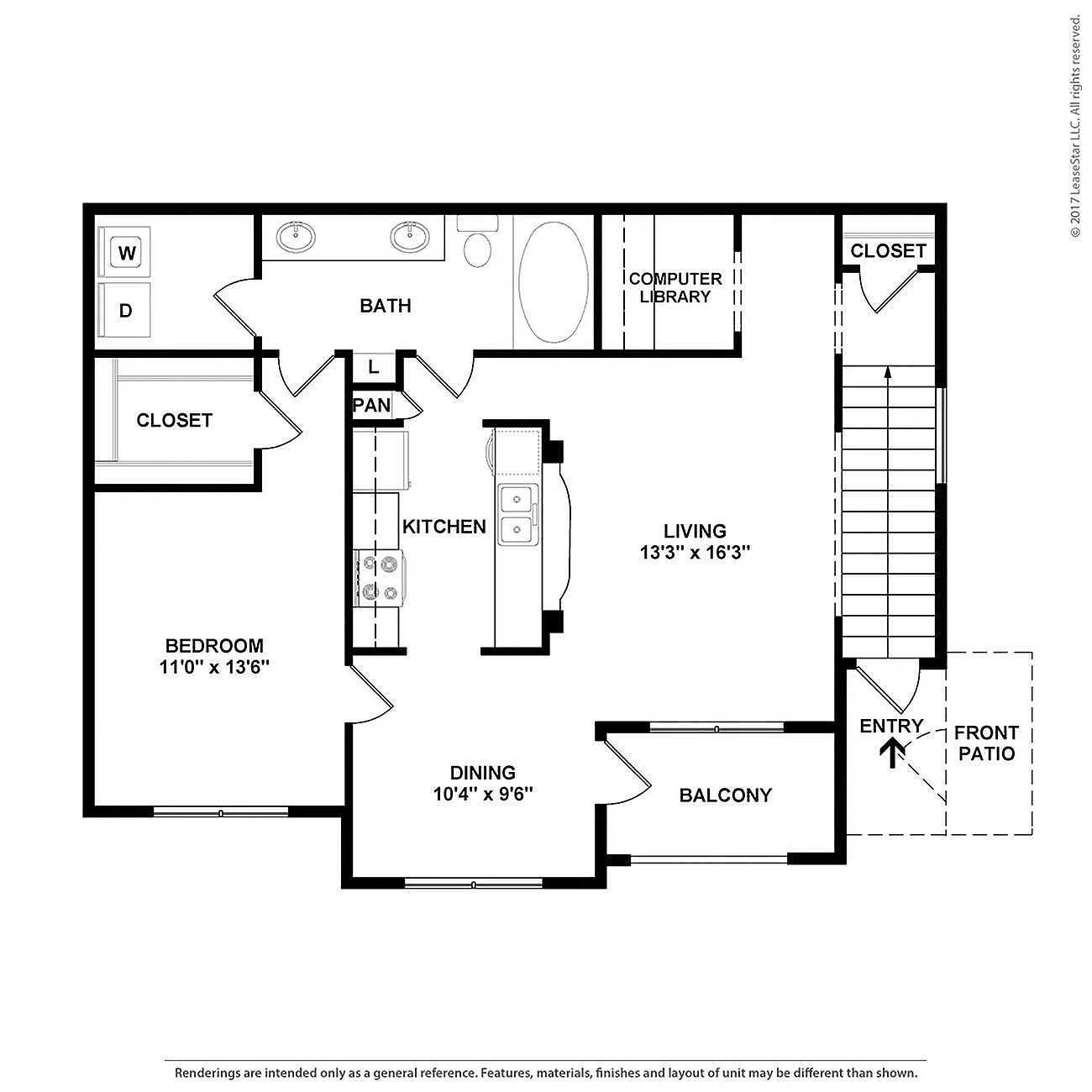Inviting floor plan showcasing 1 bedroom, 1 bath with a spacious living area, modern kitchen, dining space, and a charming balcony.