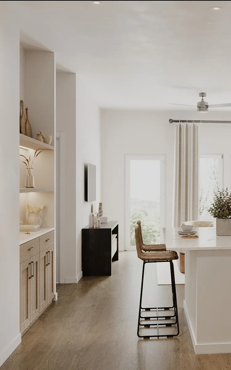 Modern open-concept kitchen and living area with sleek wooden cabinetry and a central island, abundant natural light streaming through large windows.