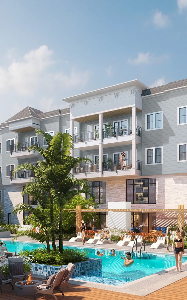 Luxurious apartment complex with a vibrant courtyard featuring a sparkling pool, lush gardens, and elegant balconies.
