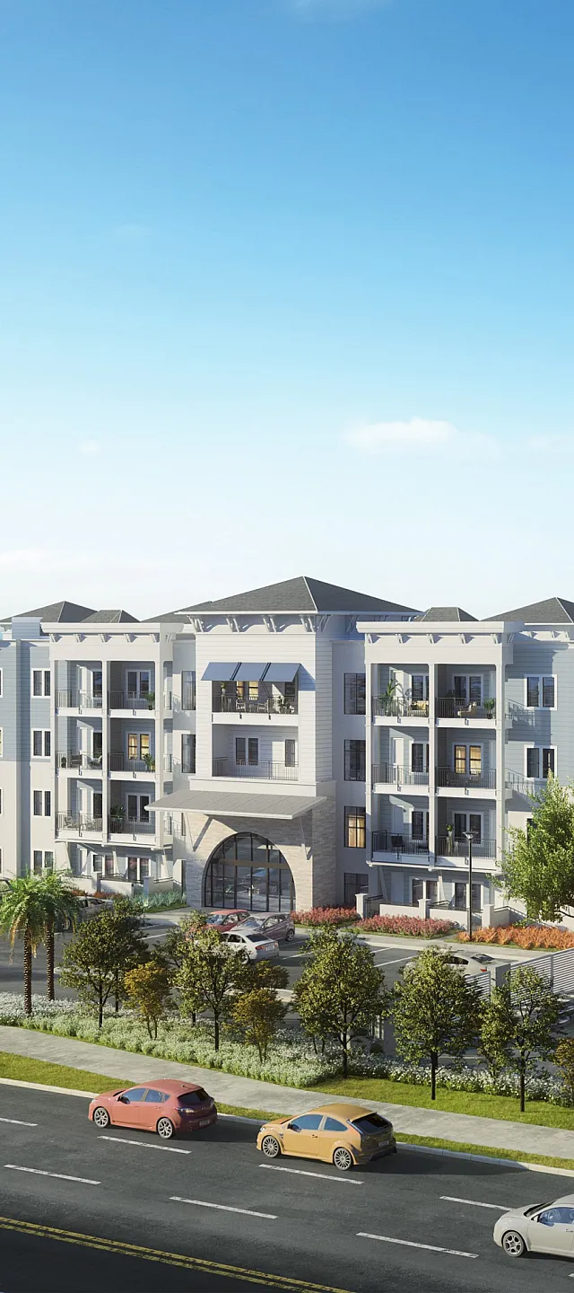 Elegant four-story apartment complex with modern architecture, surrounded by lush landscaping and ample parking, set against a clear blue sky.