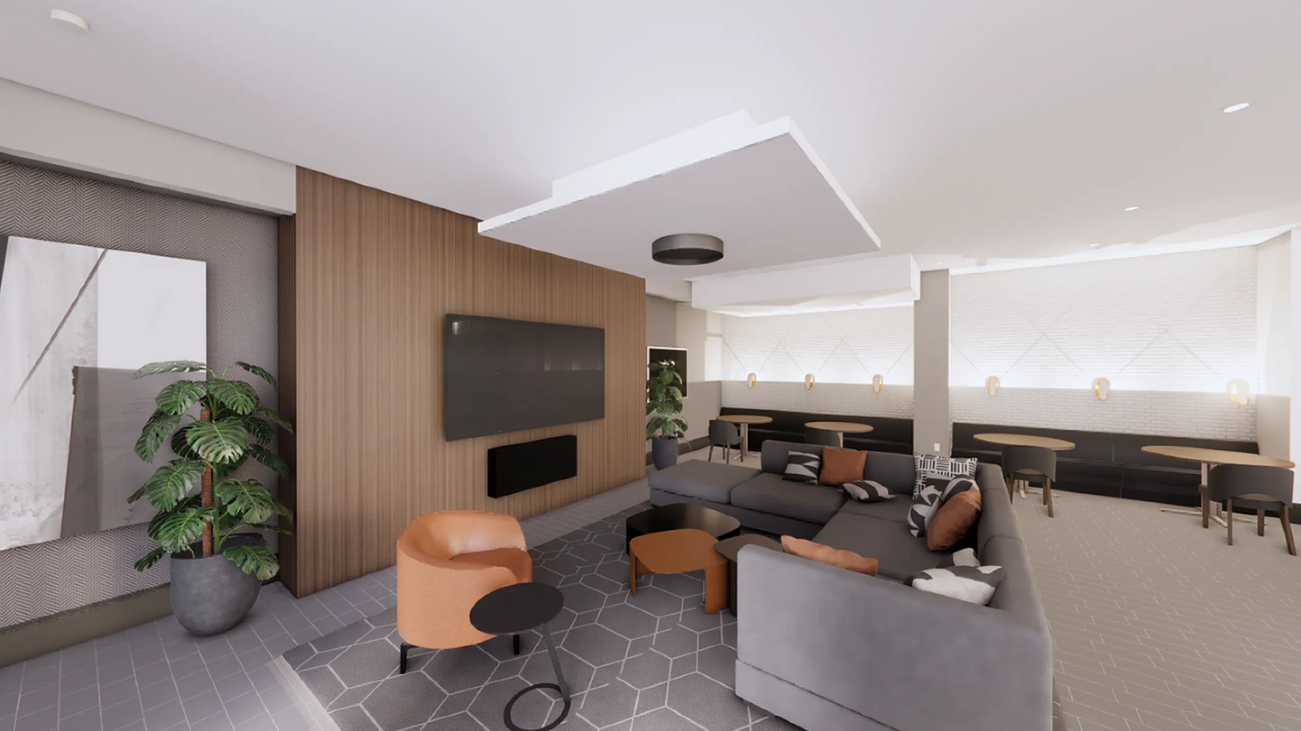 Contemporary open concept living space with sleek furniture, large sectional sofa, and modern decor, perfect for relaxation and entertaining.