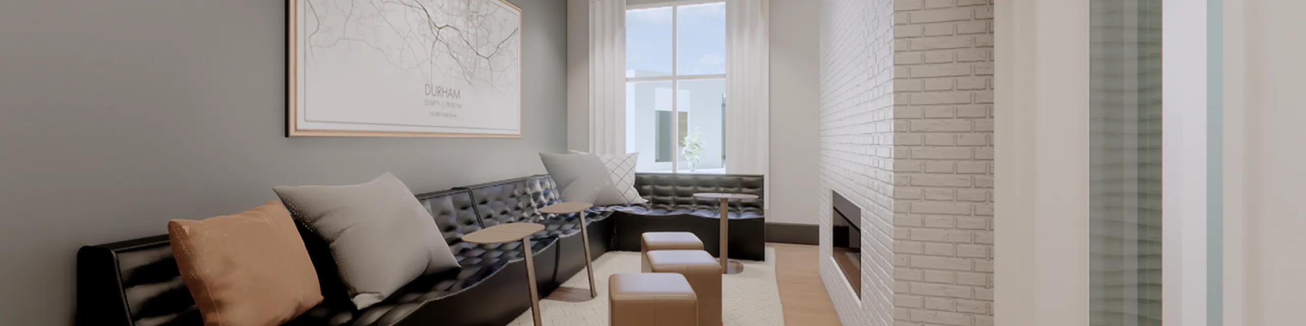 Chic and cozy living room with sleek black seating, warm brown accents, and modern brick fireplace, perfect for relaxing.