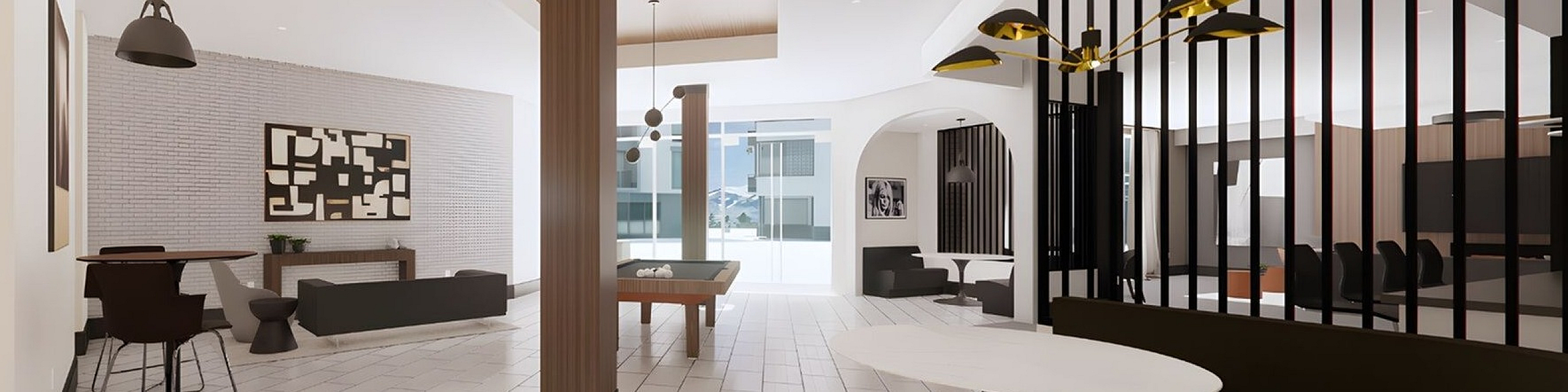 Modern communal area featuring sleek seating, a stylish pool table, and elegant lighting in an upscale apartment complex.