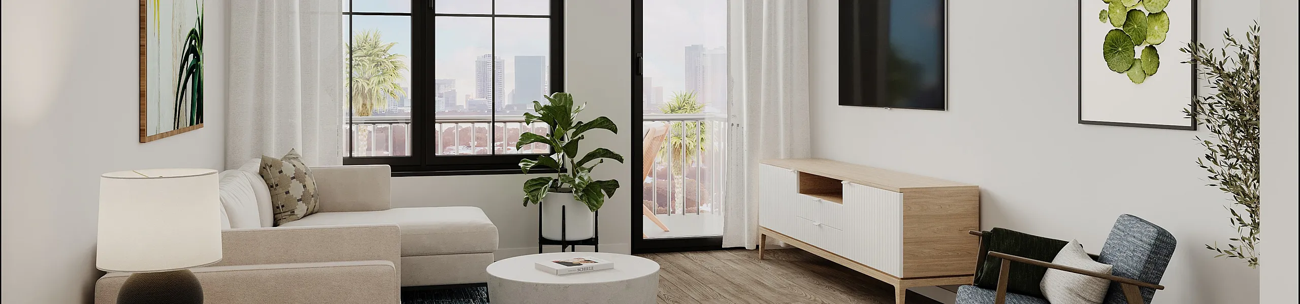 Bright and modern living room with a large window view, cozy furniture, and stylish decor.
