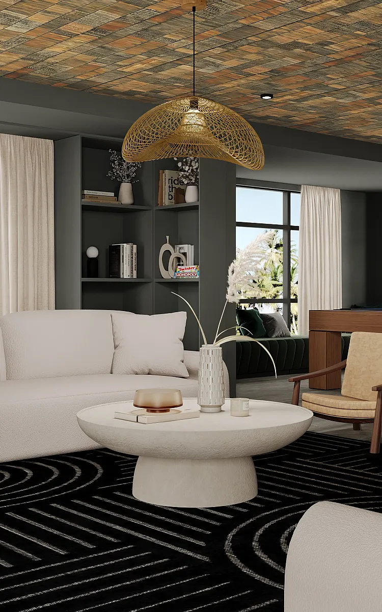 Luxurious living room with elegant cream sofas, stylish coffee table, and vibrant natural light from large windows overlooking lush greenery.