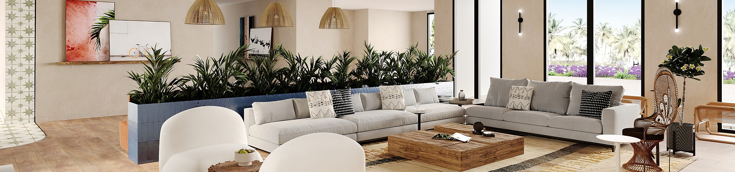Luxurious open-concept living room with modern decor, featuring a spacious seating area, elegant lighting, and natural wood accents, offering a panoramic garden view through large windows.
