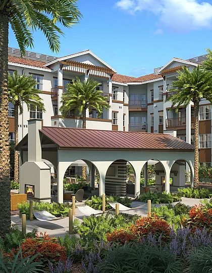 Luxurious apartment courtyard with elegant arches, lush palm trees, vibrant gardens, and cozy outdoor fireplace.