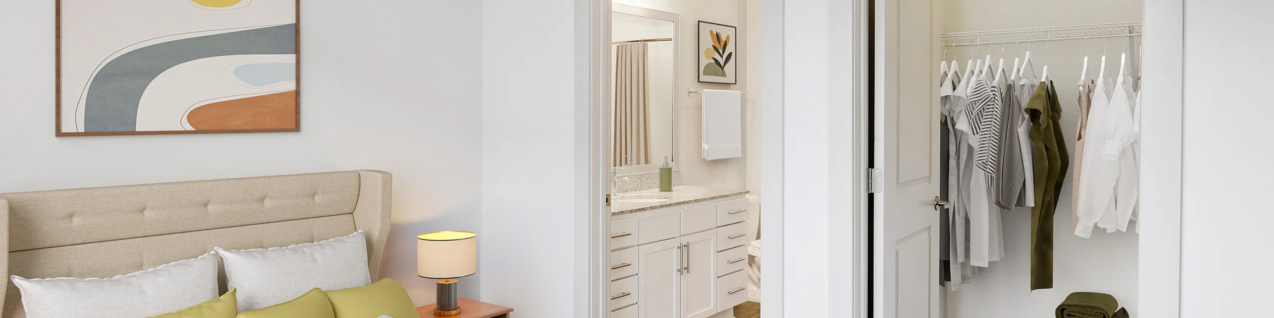 Elegant bedroom with stylish artwork, a cozy bed adorned with green and white pillows, an ensuite bathroom, and a spacious walk-in closet.