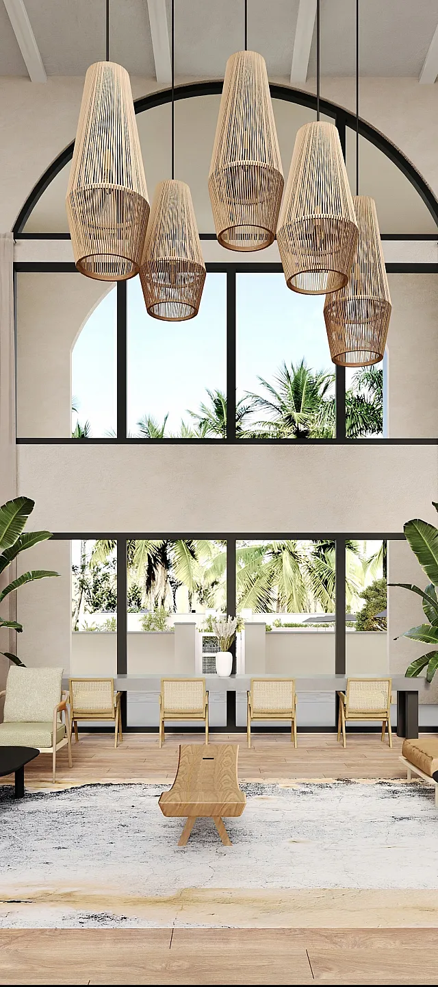 Luxurious open living space with tall windows, elegant woven pendant lights, stylish seating, and lush greenery.