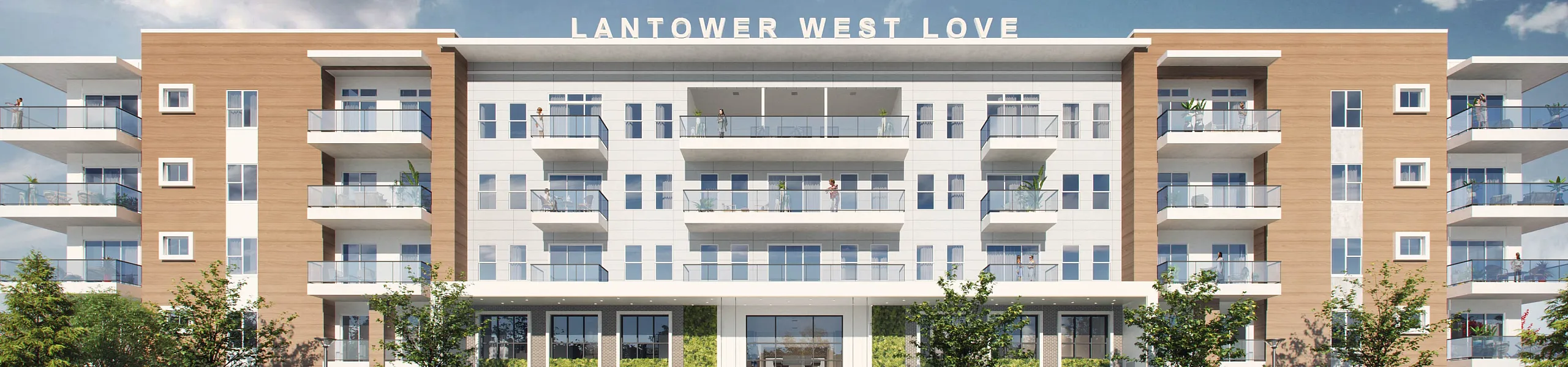Modern Lantower West Love apartment complex with stylish balconies, lush landscaping, and ample parking against a vibrant blue sky.