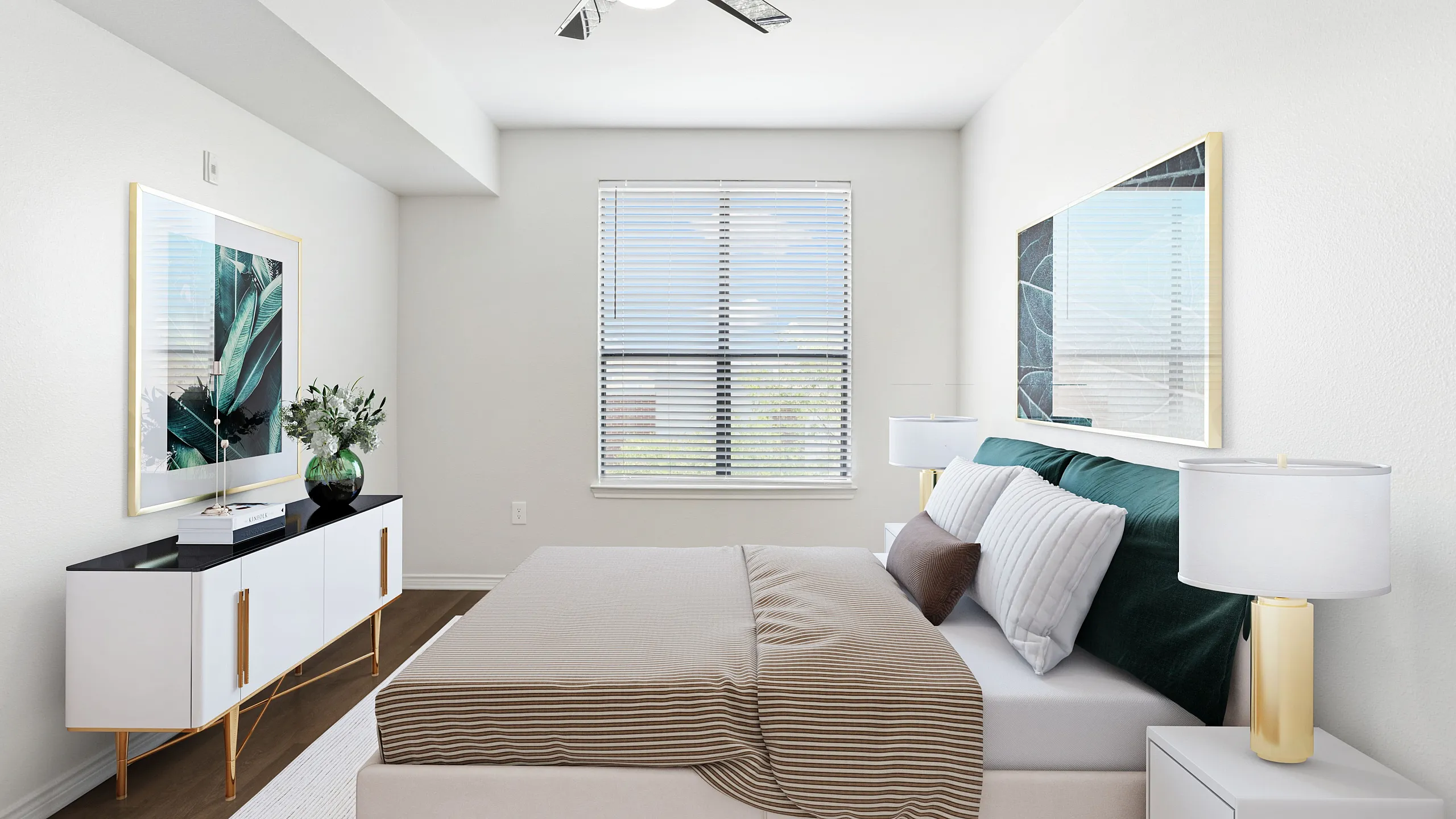 Inviting modern bedroom with chic decor, featuring a plush bed, elegant side tables, and stylish artwork beneath a sleek ceiling fan.