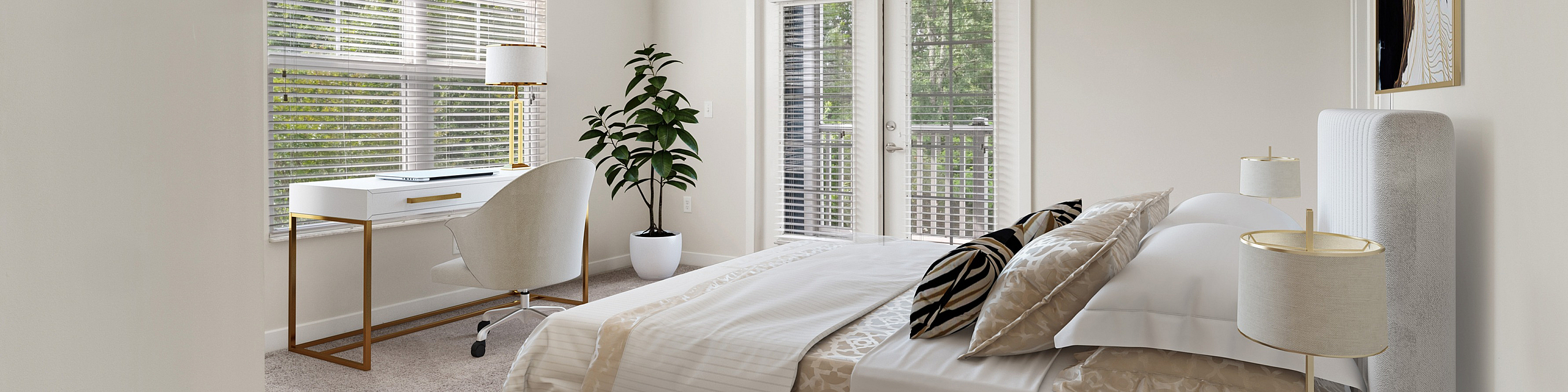Bright and modern bedroom with plush carpeting, featuring a cozy bed, elegant desk area by the window, and access to the balcony through double glass doors.