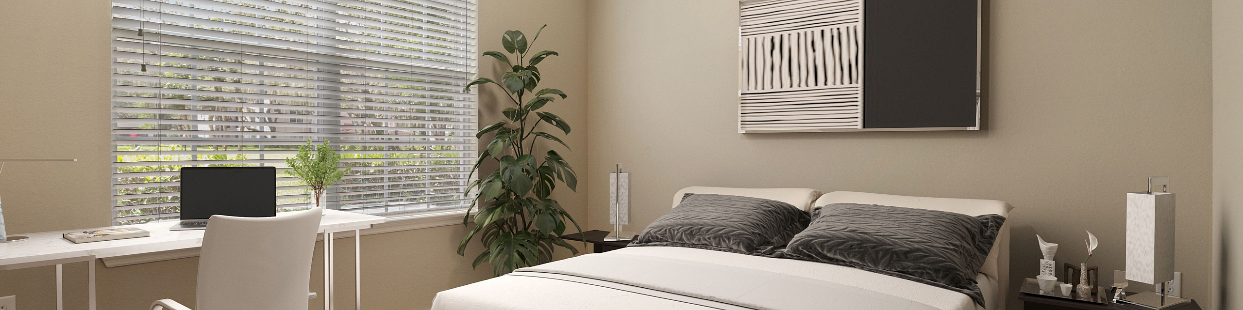 Inviting bedroom with a plush bed, sleek desk, and a large window allowing natural light, ideal for comfort and productivity.