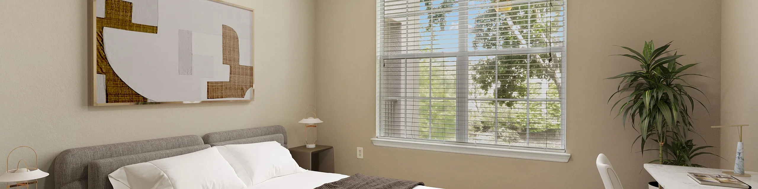 Inviting bedroom with plush bed, modern decor, and natural light streaming through large window.