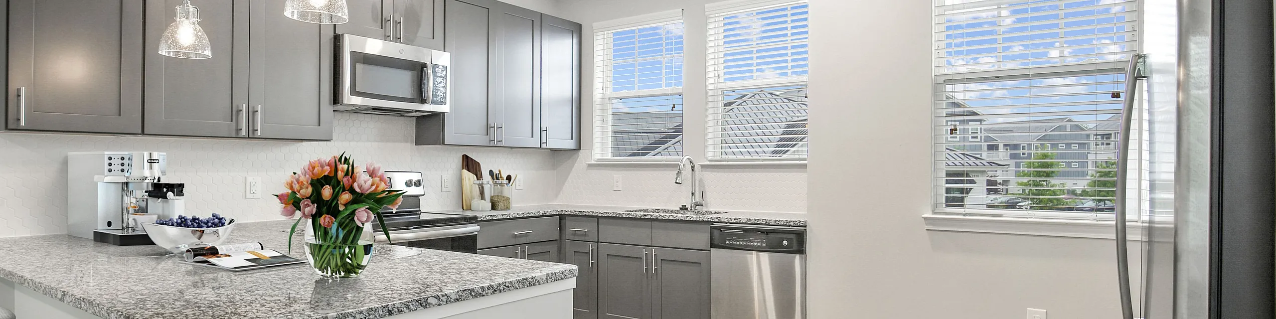 Bright modern kitchen with sleek grey cabinets, granite countertops, stainless steel appliances, and elegant pendant lighting, offering a welcoming culinary space with ample natural light.