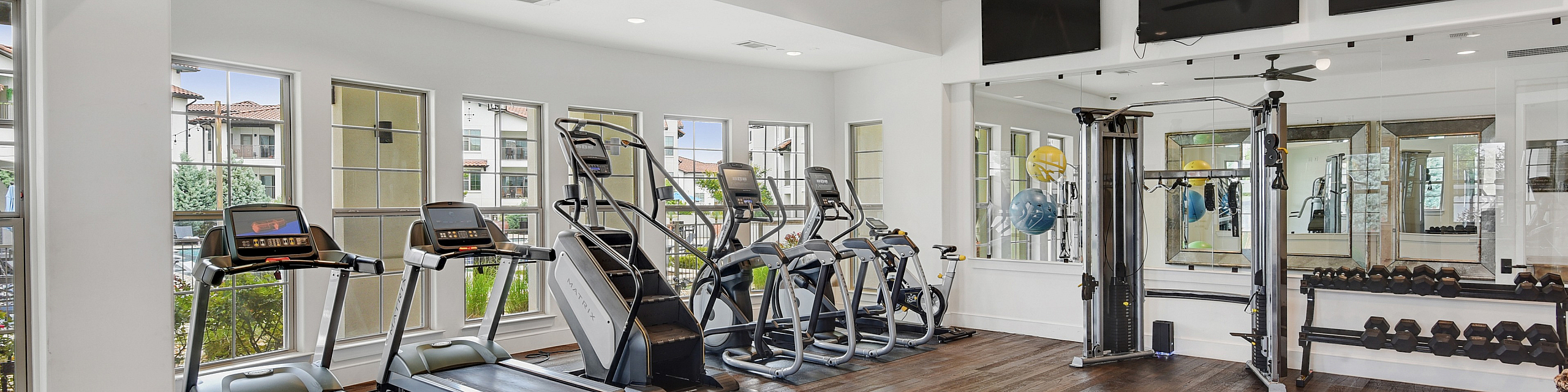 Bright and modern gym with top-of-the-line treadmills, elliptical machines, and a weight training area, featuring sleek hardwood floors and large windows for natural light.