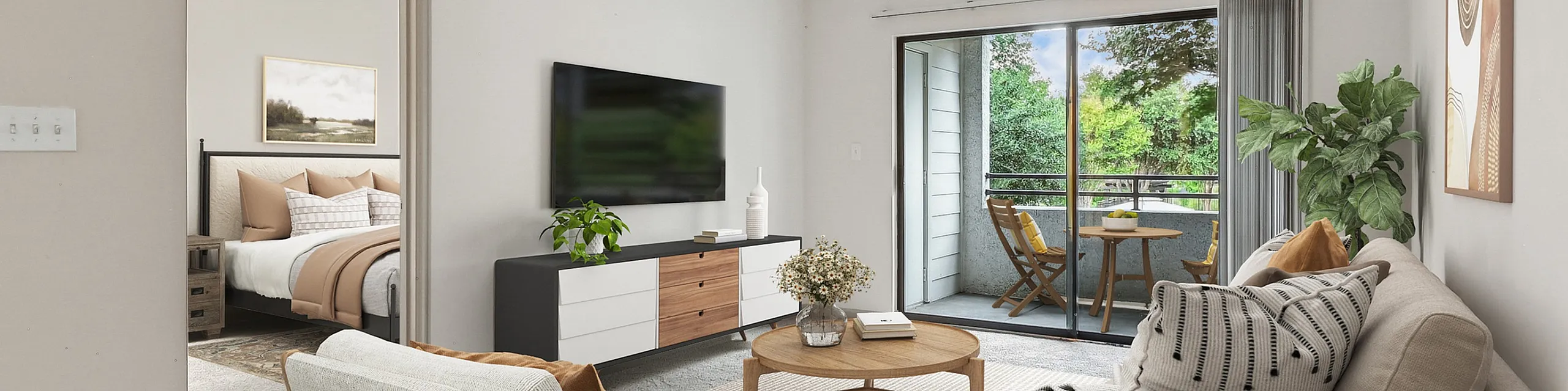 Modern apartment living room with elegant decor, comfortable seating, and a scenic balcony view, adjacent to a cozy bedroom.