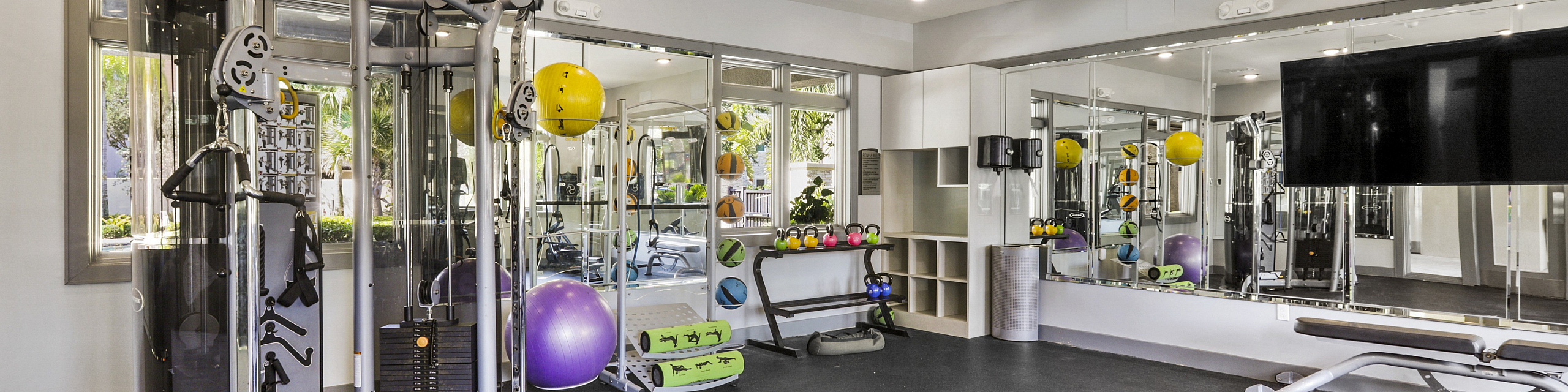 Modern fitness center with state-of-the-art gym equipment, exercise balls, and sleek mirrors for an invigorating workout experience.