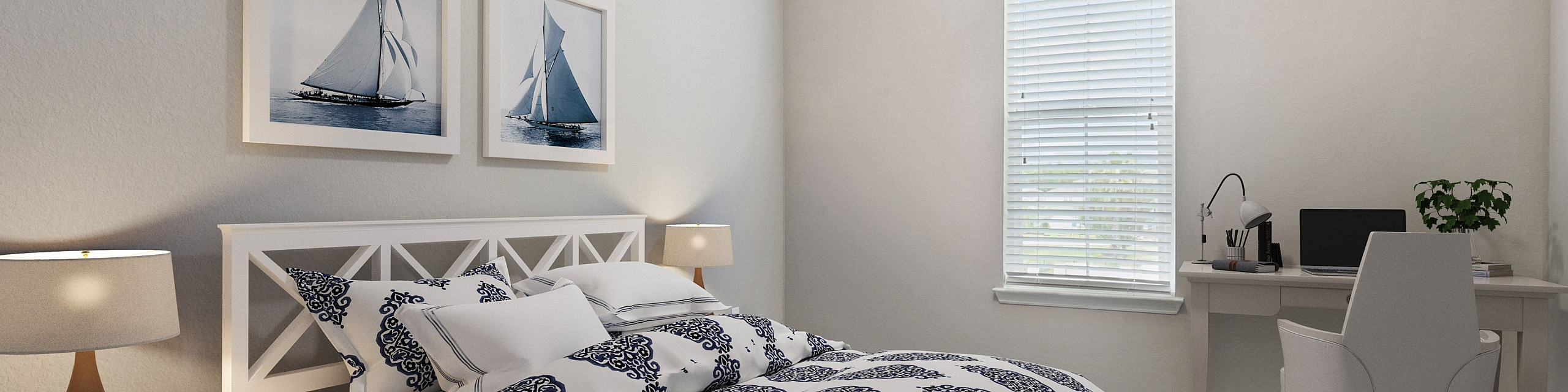 Inviting bedroom with nautical-themed decor, cozy bed, and ample natural light through a large window.