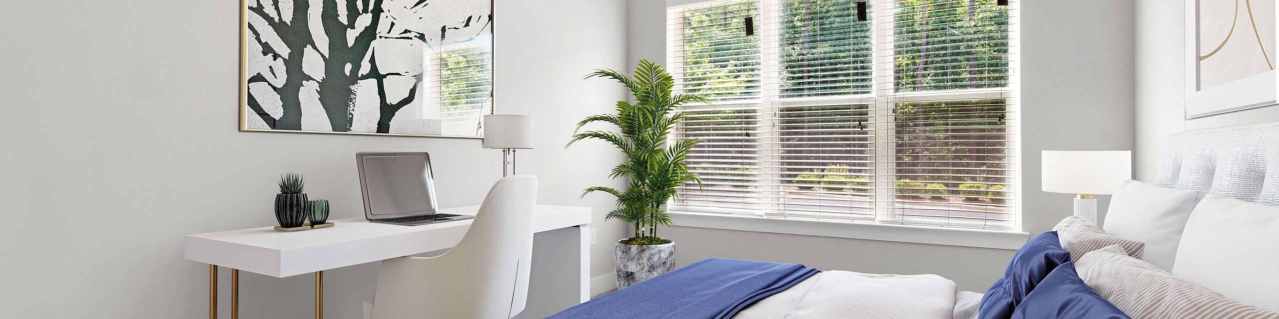 Bright and modern bedroom with a large window, stylish desk, and comfortable bed with elegant blue accents.