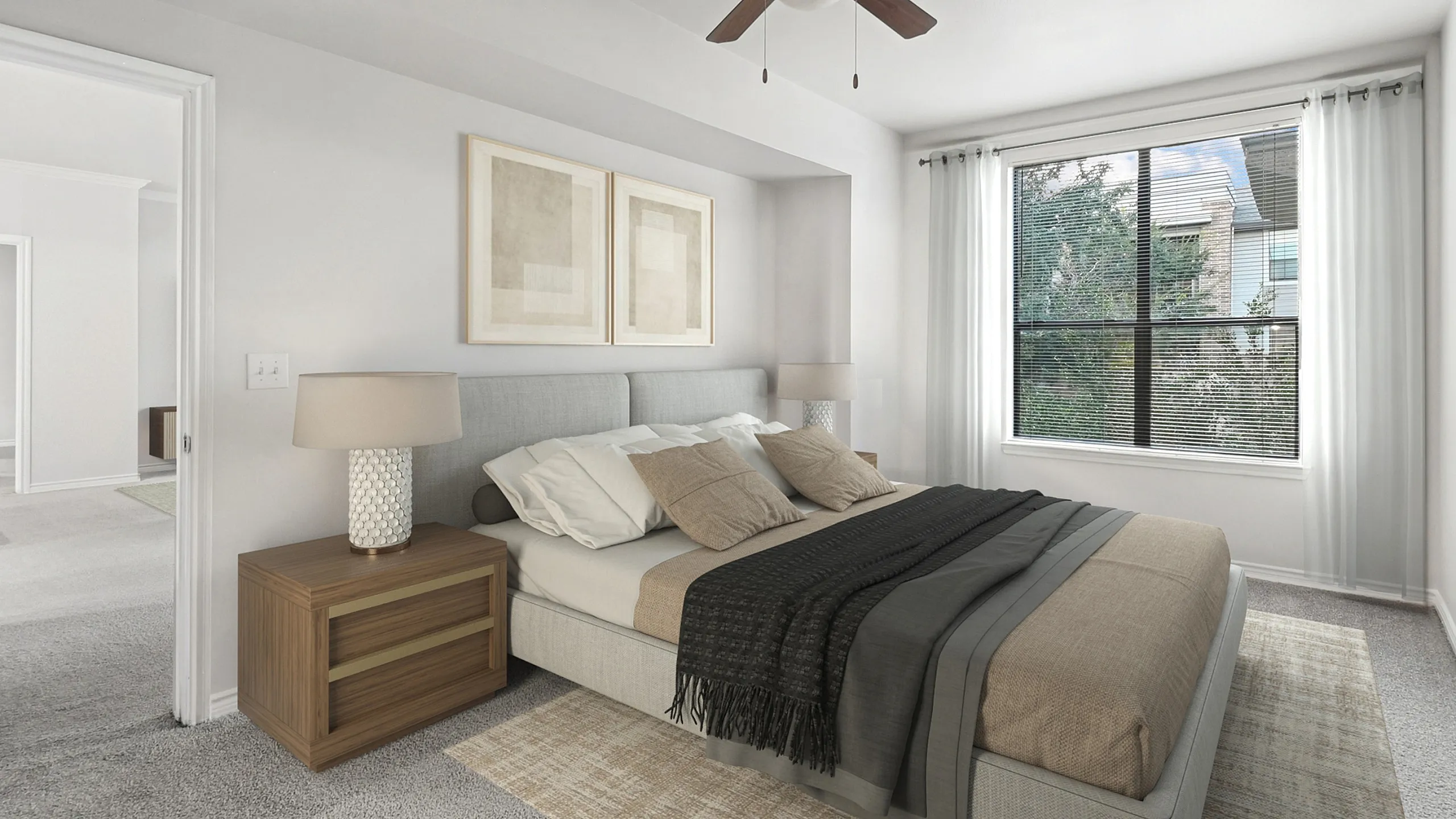 Elegant bedroom with contemporary decor, featuring a plush bed, stylish ceiling fan, and large window with scenic view.