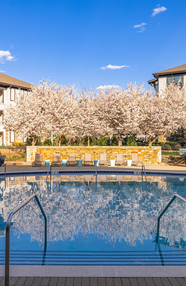 Stunning apartment complex with a luxurious swimming pool, surrounded by modern architecture and lush greenery, perfect for relaxation and leisure.