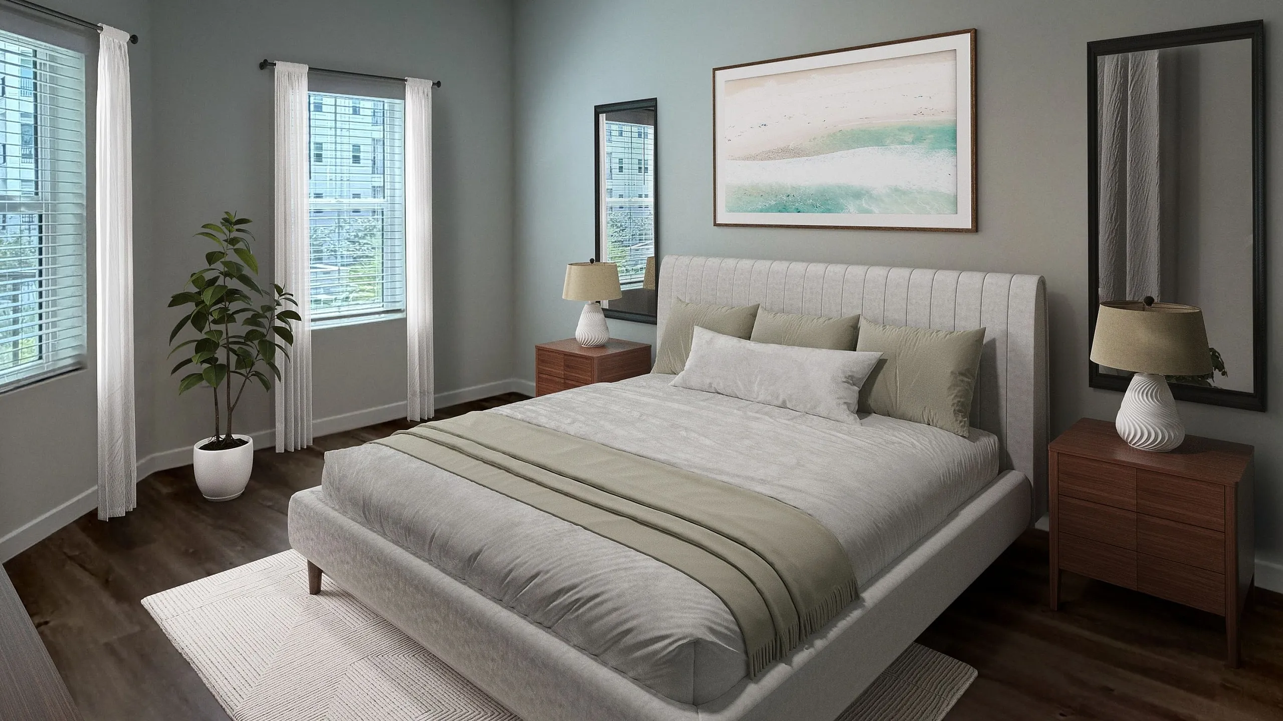 Elegant bedroom with modern decor featuring a plush bed, stylish side tables, large windows for natural light, and chic plants enhancing the soothing ambiance.