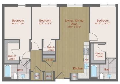 Image of 3B1 Three Bedroom Floor Plan | Ovation at Arrowbrook | Herndon Affordable Apartments