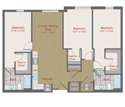Image of 3B3 Three Bedroom Floor Plan | Ovation at Arrowbrook | Herndon Affordable Apartments
