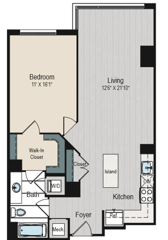 Open floor plan with large living dining space and kitchen island
