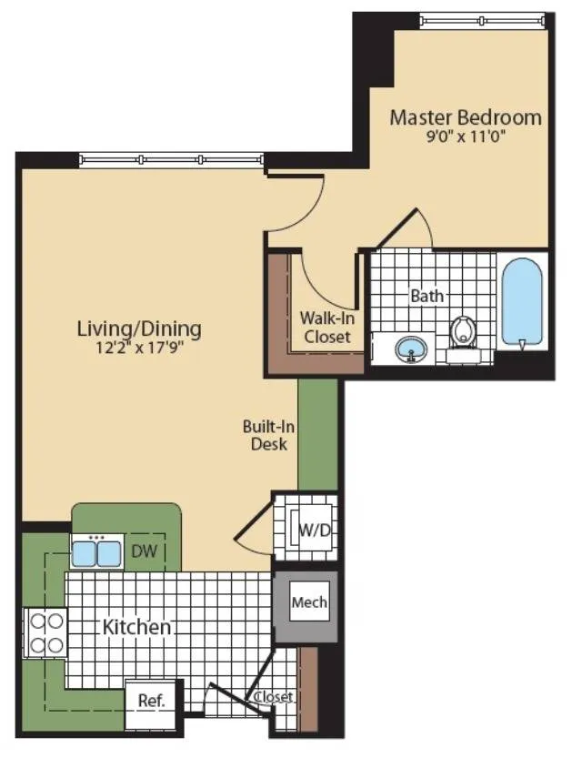 659 Sq Ft Bach Floor Plan | Meridian at Grosvenor Station | Luxury Bethesda Apartments