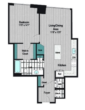 Image of M2 1B-1b Floor Plan | Meridian on First | Navy Yard Apartments | Washington DC Apartments