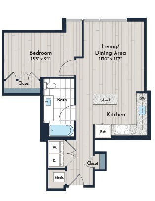 1B-1 ANSI A One Bedroom Floor Plan | Meridian 2250 at Eisenhower Station | Luxury Alexandria VA Apartments