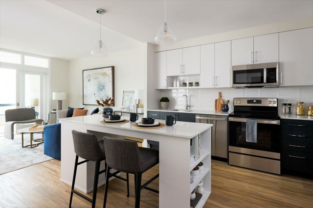 1BS- 5dm Floor Plan Kitchen, Living Room & Sunroom Meridian 2250 at Eisenhower Station | Luxury Alexandria VA Apartments