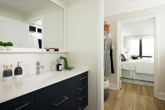 1BS-5dm Floor Plan Bathroom, Closet, Bedroom | Meridian 2250 at Eisenhower Station | Luxury Alexandria VA Apartments